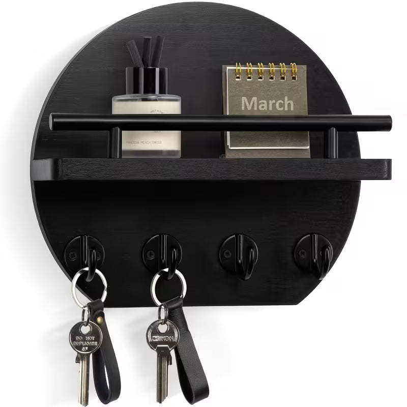 Wooden Wall-Mounted Key Holder – Round Wall Decor with Shelf & Key Hooks