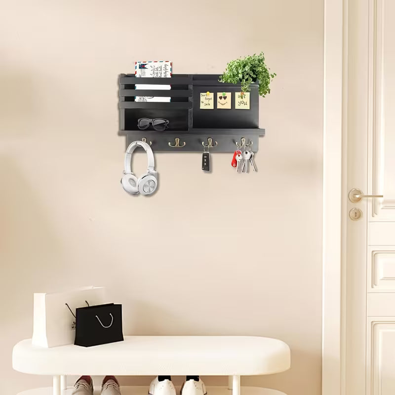 Solid Wood Wall-Mounted Key Holder – 8 Hooks with Key & Mail Storage Organizer