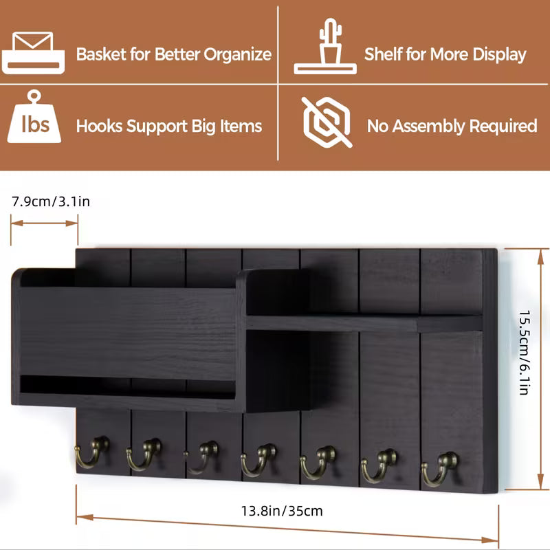 Wooden Wall-Mounted Storage Rack with 7 Hooks – Key, Mail & Accessories Organizer