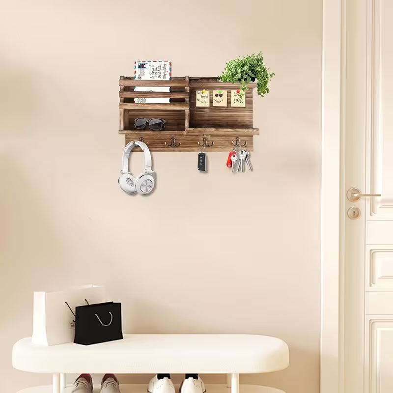 Solid Wood Wall-Mounted Key Holder – 8 Hooks with Key & Mail Storage Organizer