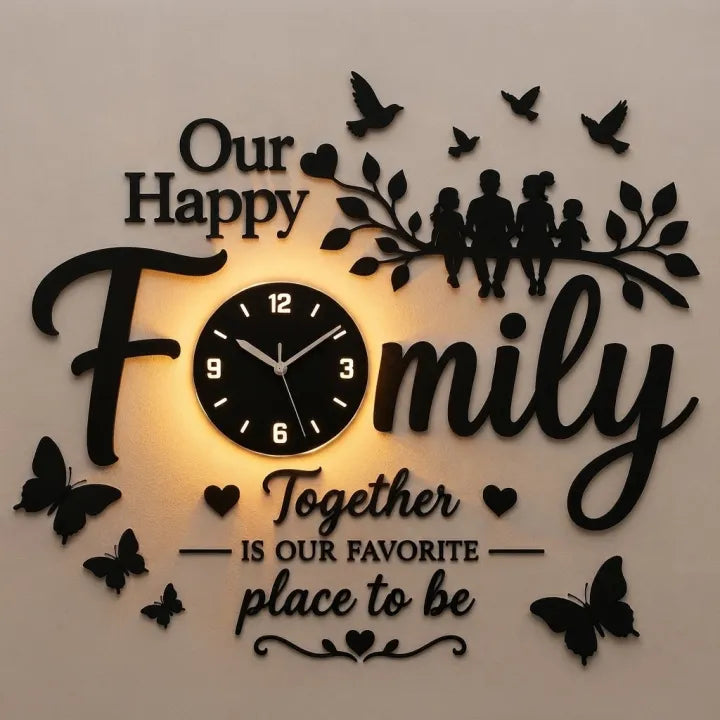 Our Happy Family 3D Wooden Wall Clock – Decorative Wall Clock for Bedroom, Living Room & Home Decor