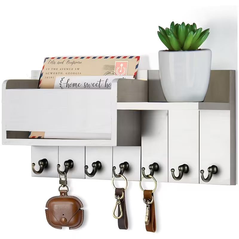 Wooden Wall-Mounted Storage Rack with 7 Hooks – Key, Mail & Accessories Organizer