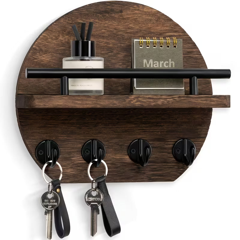 Wooden Wall-Mounted Key Holder – Round Wall Decor with Shelf & Key Hooks