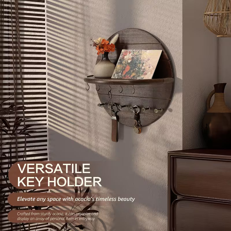 Wood Key Holder Wall Mount – 29.97 cm Decorative Key Rack with Shelf & 11 Hooks