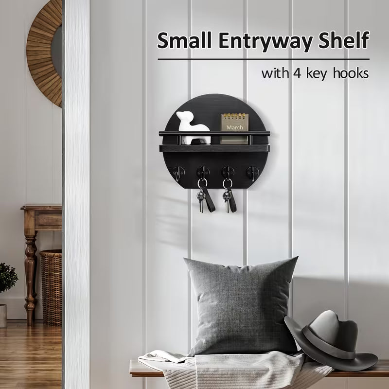 Wooden Wall-Mounted Key Holder – Round Wall Decor with Shelf & Key Hooks