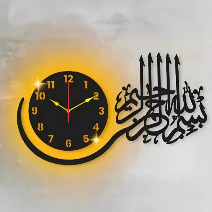 Bismillah 3D Wooden Wall Clock with Butterfly Shelf – DIY Quartz Clock & Islamic Home Decor