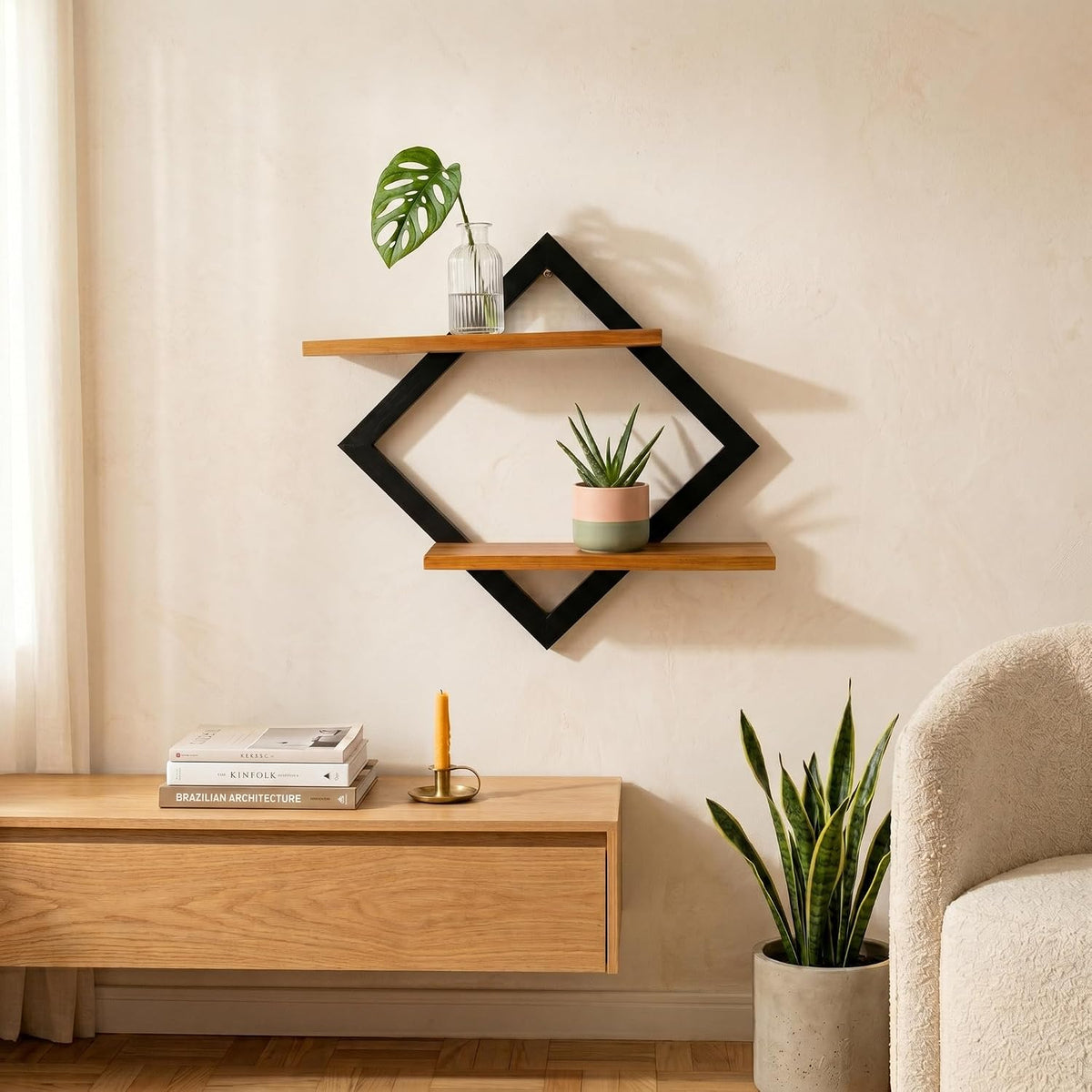 Empório Tambo Wall Shelves – Black & Brown Wooden Display Shelf, 30 × 30 cm