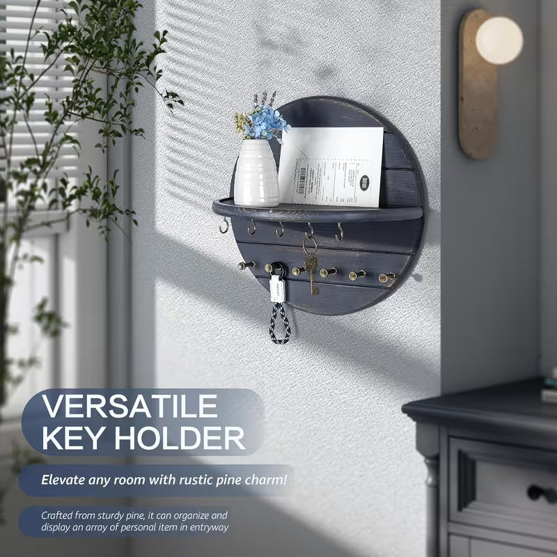 Wood Key Holder Wall Mount – 29.97 cm Decorative Key Rack with Shelf & 11 Hooks