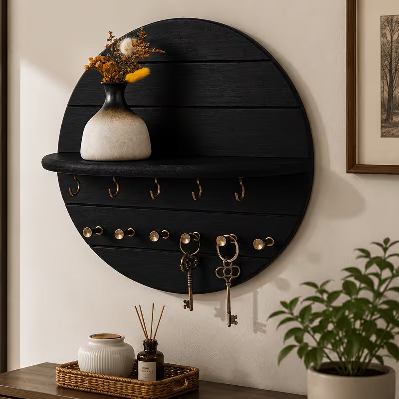 Wood Key Holder Wall Mount – 29.97 cm Decorative Key Rack with Shelf & 11 Hooks