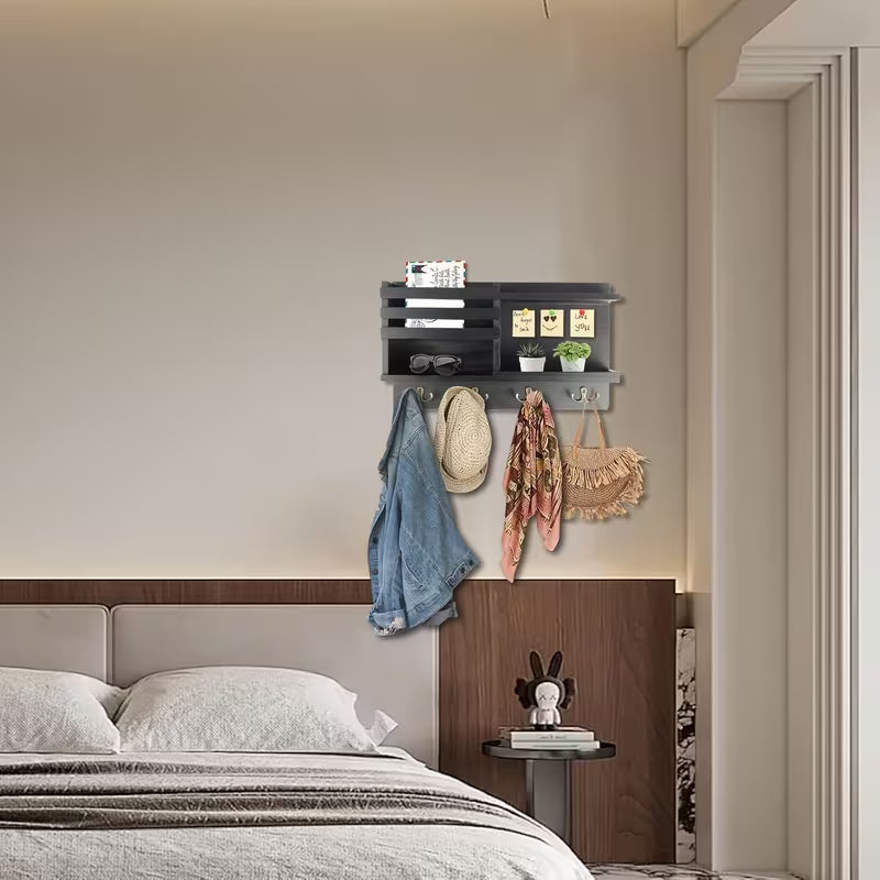 Solid Wood Wall-Mounted Key Holder – 8 Hooks with Key & Mail Storage Organizer