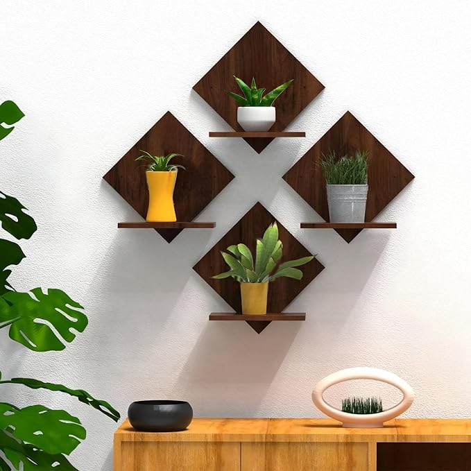 Engineered Wood Wall Mount Floating Shelves Set of 4 | Planter Stand Art Hanging Shelf Decor for Wall Display Rack Storage Organizer for Living Room Kitchen Bedroom