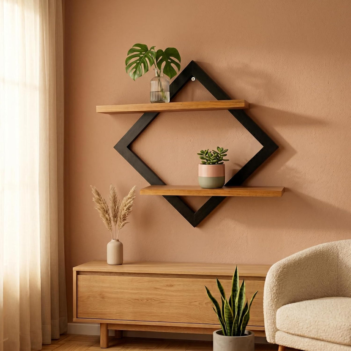Empório Tambo Wall Shelves – Black & Brown Wooden Display Shelf, 30 × 30 cm