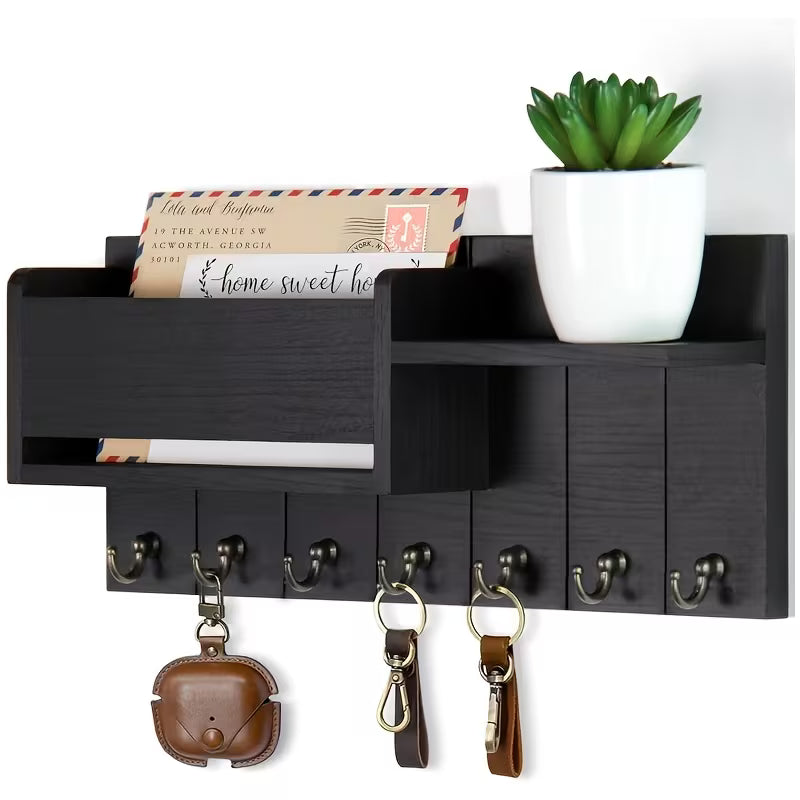 Wooden Wall-Mounted Storage Rack with 7 Hooks – Key, Mail & Accessories Organizer