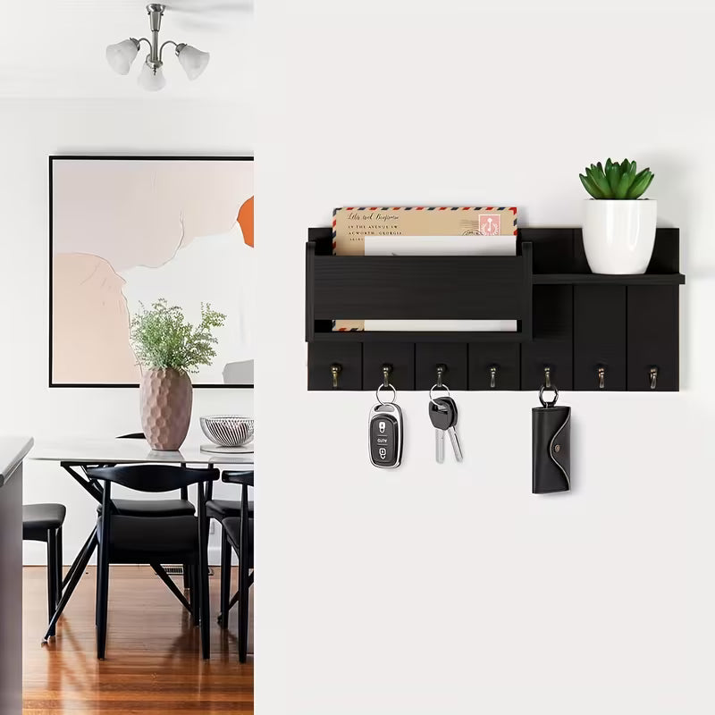 Wooden Wall-Mounted Storage Rack with 7 Hooks – Key, Mail & Accessories Organizer