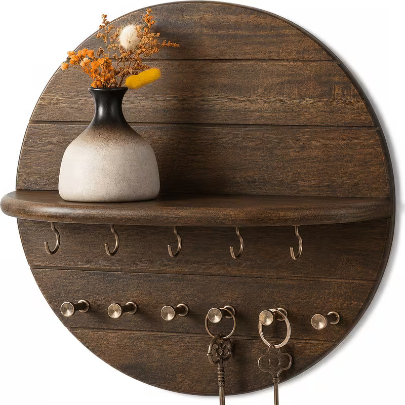 Wood Key Holder Wall Mount – 29.97 cm Decorative Key Rack with Shelf & 11 Hooks