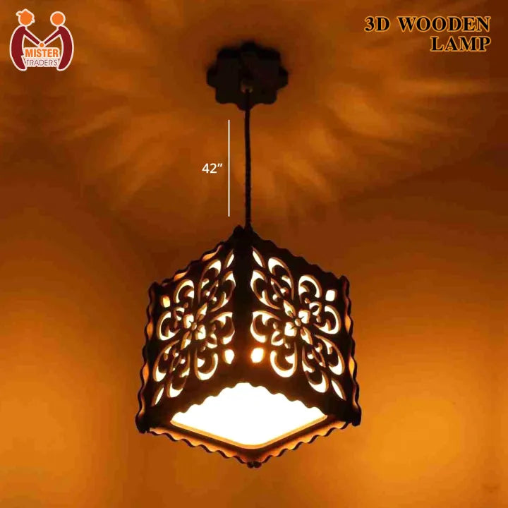 3D wooden pendant lamp hanging from ceiling with warm amber glow