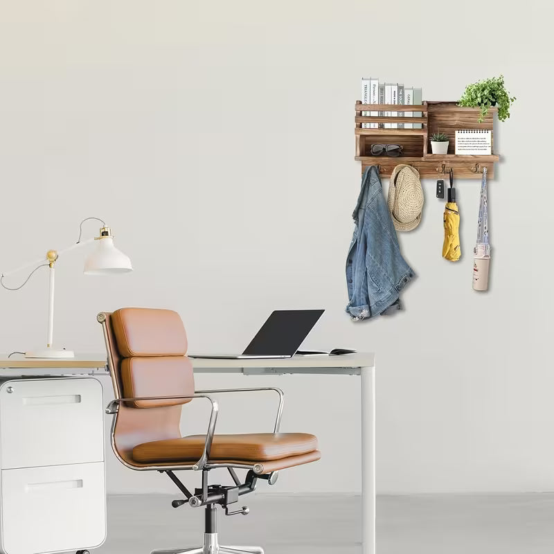 Solid Wood Wall-Mounted Key Holder – 8 Hooks with Key & Mail Storage Organizer