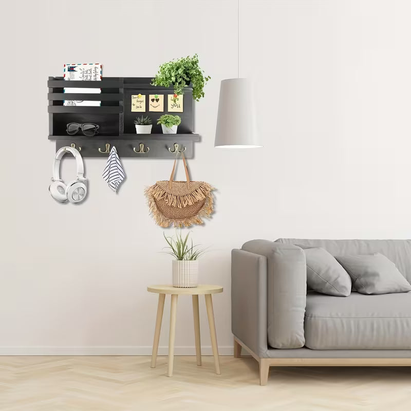 Solid Wood Wall-Mounted Key Holder – 8 Hooks with Key & Mail Storage Organizer