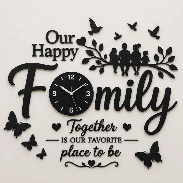 Our Happy Family 3D Wooden Wall Clock – Decorative Wall Clock for Bedroom, Living Room & Home Decor