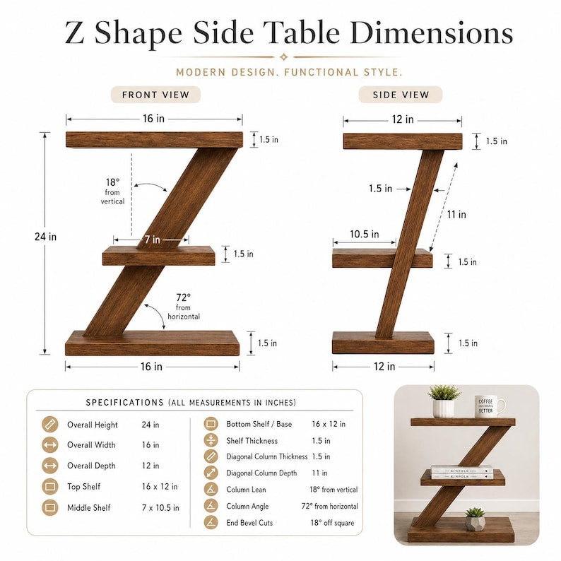 DIY Z-Shape Side Table Plans – Modern 3-Tier Wood Shelf