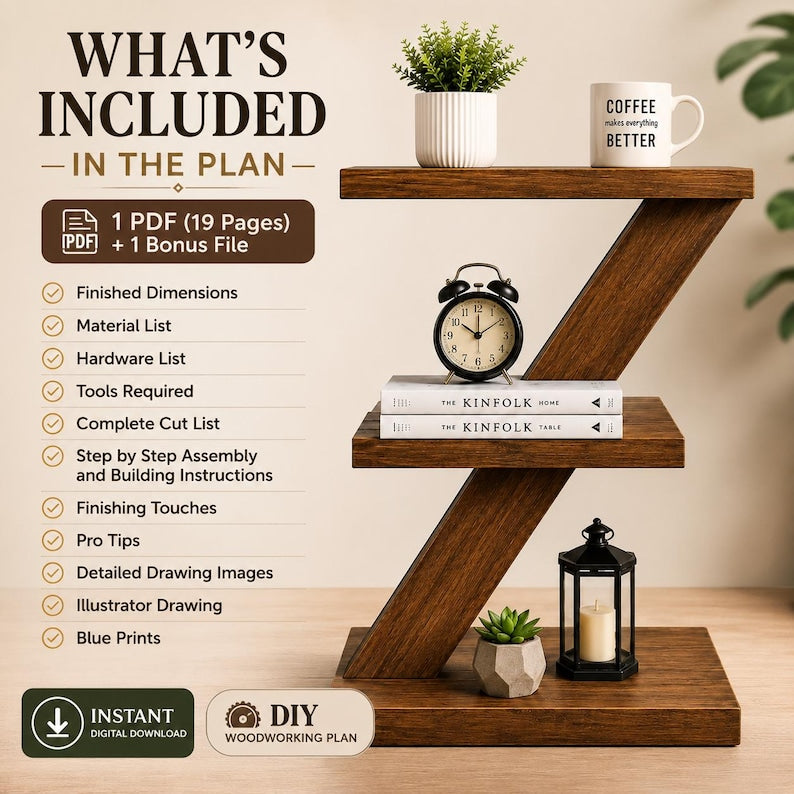 DIY Z-Shape Side Table Plans – Modern 3-Tier Wood Shelf