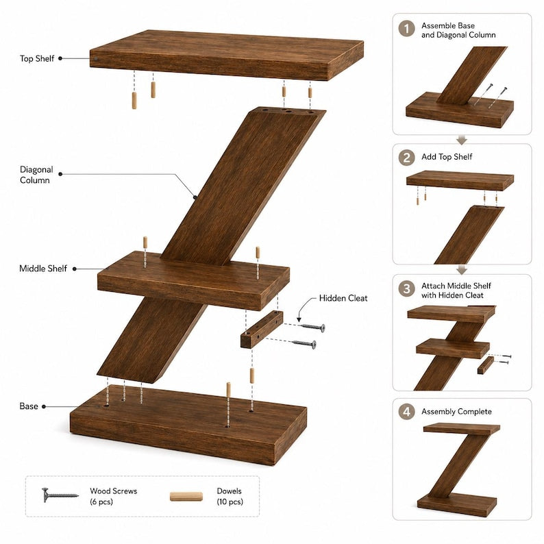 DIY Z-Shape Side Table Plans – Modern 3-Tier Wood Shelf